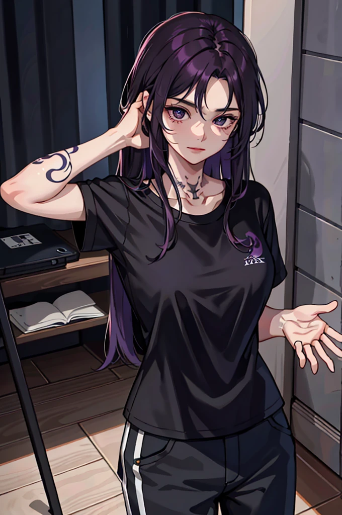 (masterpiece:1.2, best quality), (1girl, solo:1.2), crossed hands,straight pov, dark violet hair, black T-shirt, sport pants, (tattoos), room, crossed hands,straight pov