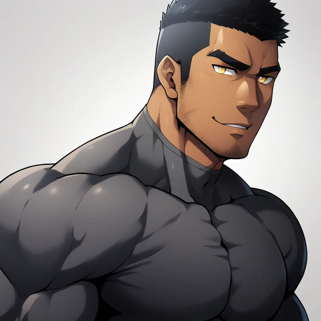 one negro, anime characters：Gyee, Muscle Sports Student, negro black skin, Very Black, 1 muscular tough guy, Manliness, male focus, Dark grey ong sleeve tights, Regular symmetrical pattern, Very tight, The pectoral muscles are oversized, muscular male, muscular, only, Upper body, alone, Black short hair, Thick eyebrows, stubble, Yellow eyes, White background, simple background, amazing quality, best aesthetics, Ridiculous, bright pupils, crew cut, parted lips, seductive smile, torogao, naughty face, best quality