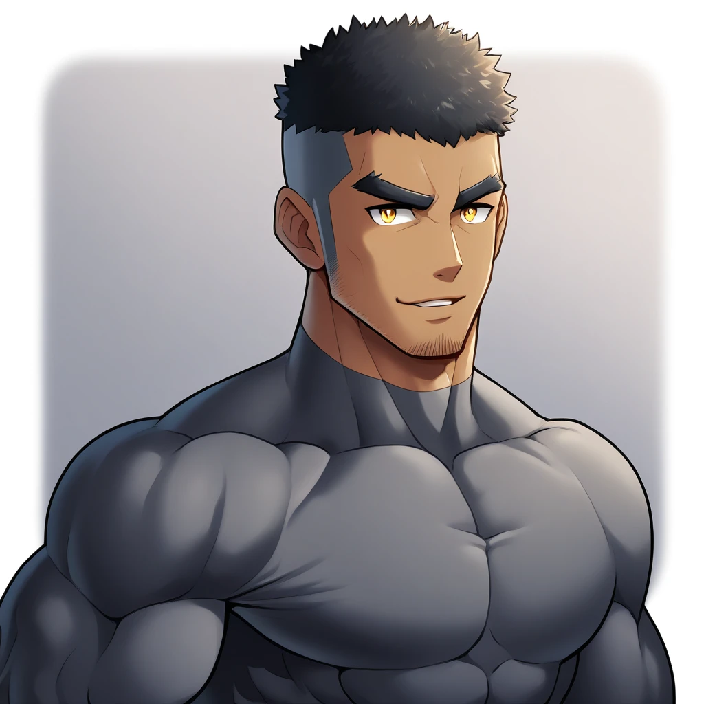 one negro, anime characters：Gyee, Muscle Sports Student, negro black skin, Very Black, 1 muscular tough guy, Manliness, male focus, Dark grey ong sleeve tights, Regular symmetrical pattern, Very tight, The pectoral muscles are oversized, muscular male, muscular, only, Upper body, alone, Black short hair, Thick eyebrows, stubble, Yellow eyes, White background, simple background, amazing quality, best aesthetics, Ridiculous, bright pupils, crew cut, parted lips, seductive smile, torogao, naughty face, best quality