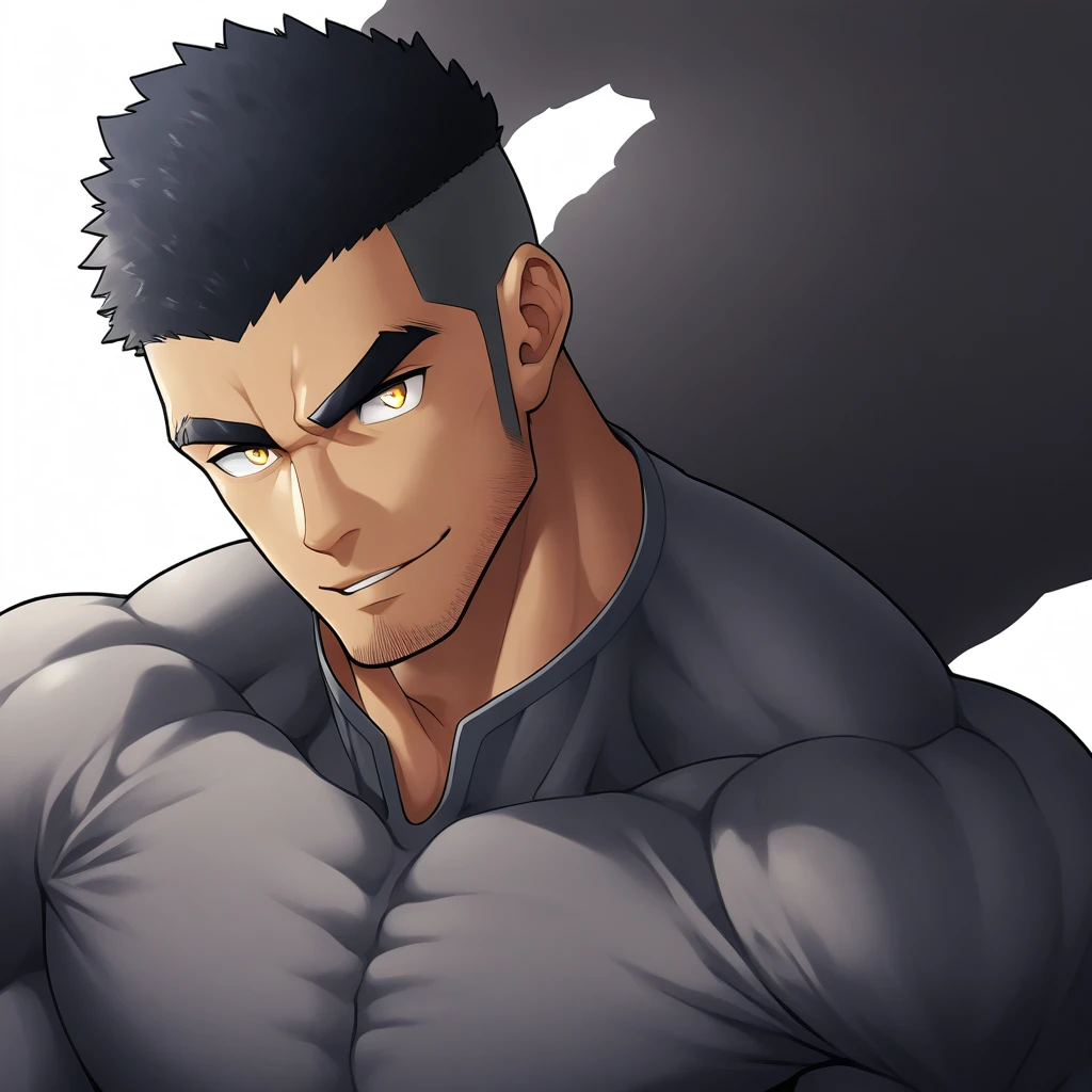 one negro, anime characters:Gyee, Muscle Sports Student, negro black skin, Very Black, 1 muscular tough guy, Manliness, male focus, Dark grey ong sleeve tights, Regular symmetrical pattern, Very tight, The pectoral muscles are oversized, muscular male, muscular, only, Upper body, alone, Black short hair, Thick eyebrows, stubble, Yellow eyes, White background, simple background, amazing quality, best aesthetics, Ridiculous, bright pupils, crew cut, parted lips, seductive smile, torogao, naughty face, best quality