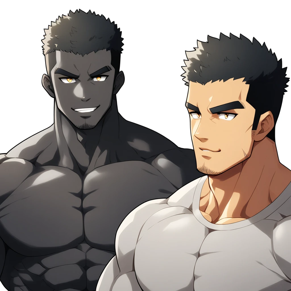 one negro, anime characters:Gyee, Muscle Sports Student, negro black skin, Very Black, 1 muscular tough guy, Manliness, male focus, Dark grey ong sleeve tights, Regular symmetrical pattern, Very tight, The pectoral muscles are oversized, muscular male, muscular, only, Upper body, alone, Black short hair, Thick eyebrows, stubble, Yellow eyes, White background, simple background, amazing quality, best aesthetics, Ridiculous, bright pupils, crew cut, parted lips, seductive smile, torogao, naughty face, best quality