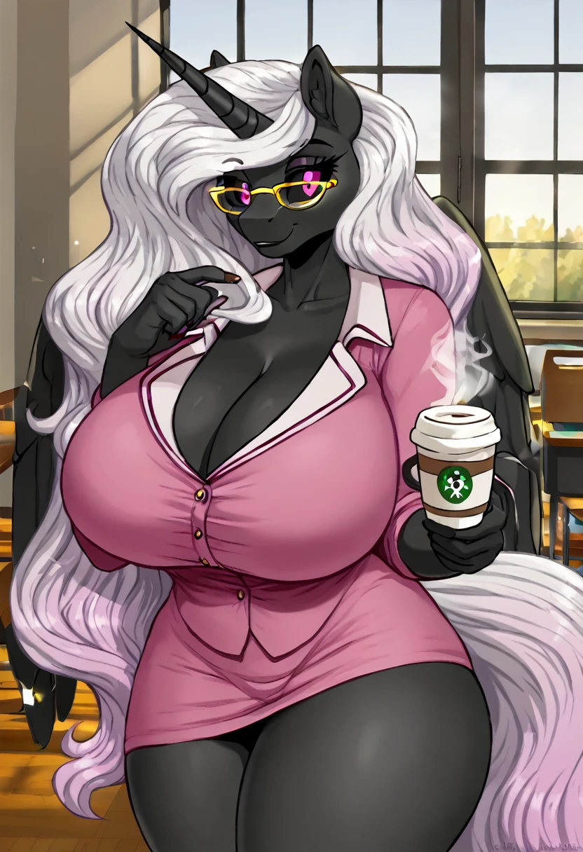 Alicorn princess, white mane,black sclera ,black body color  long flowing  mane pink eyes anthro thicc thighs huge breasts 
hot for teacher yellow glasses ,early morning ,school, drinking coffee 
Smiling,  beautiful look  pink skirtsuit