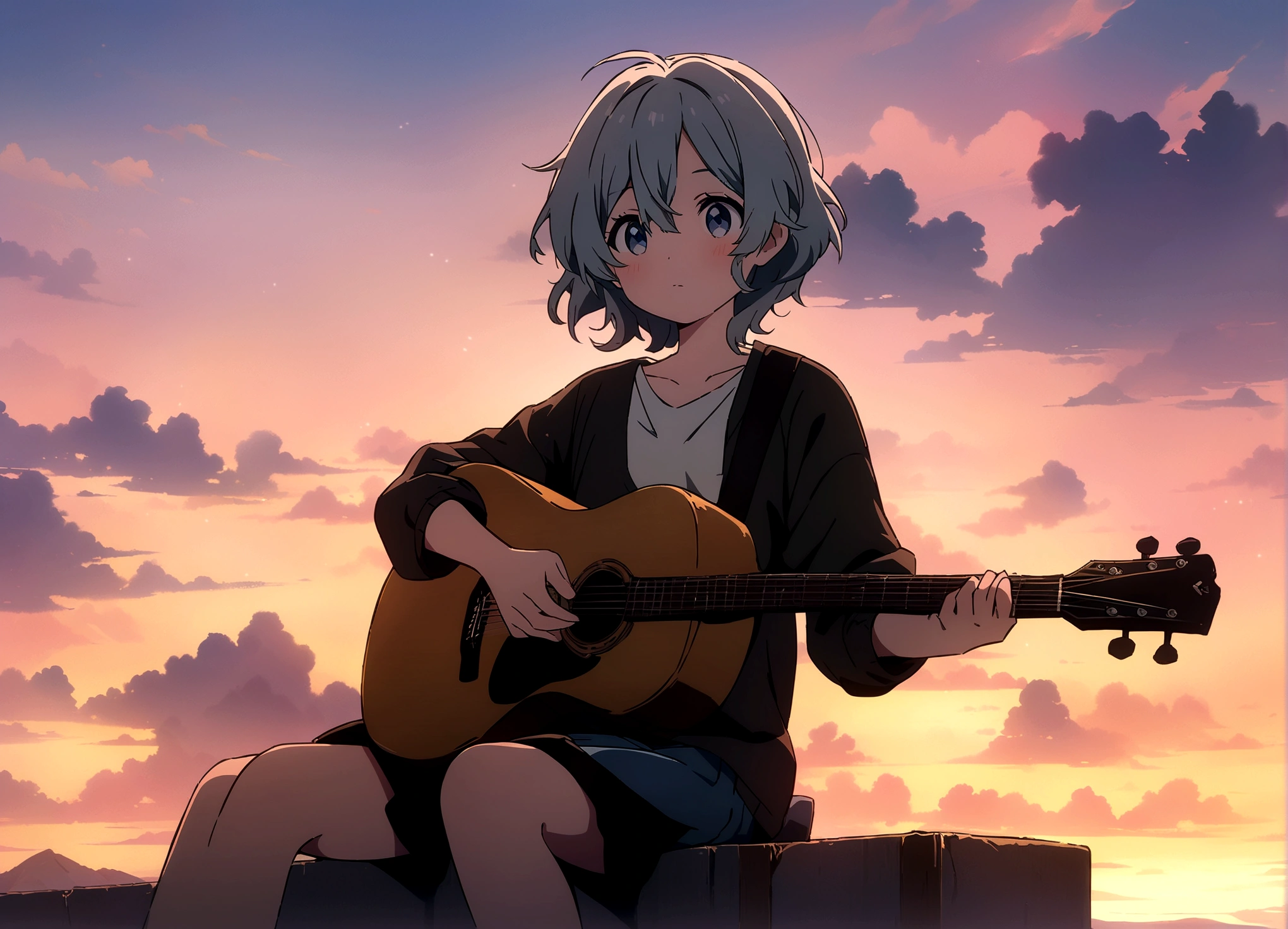 Anime boy sitting on the shelf and playing guitar at sunset, Anime Art Wallpapers 8K, anime art wallpaper 4k, anime art wallpaper 4k, Anime Style 4k, anime wallpaper 4k, anime wallpaper 4k, anime wallpaper 4k, Manga Wallpaper, 4K Wallpaper, Makoto Shinkai Cirilo Rolando, Girl playing guitar, LOFI Girl