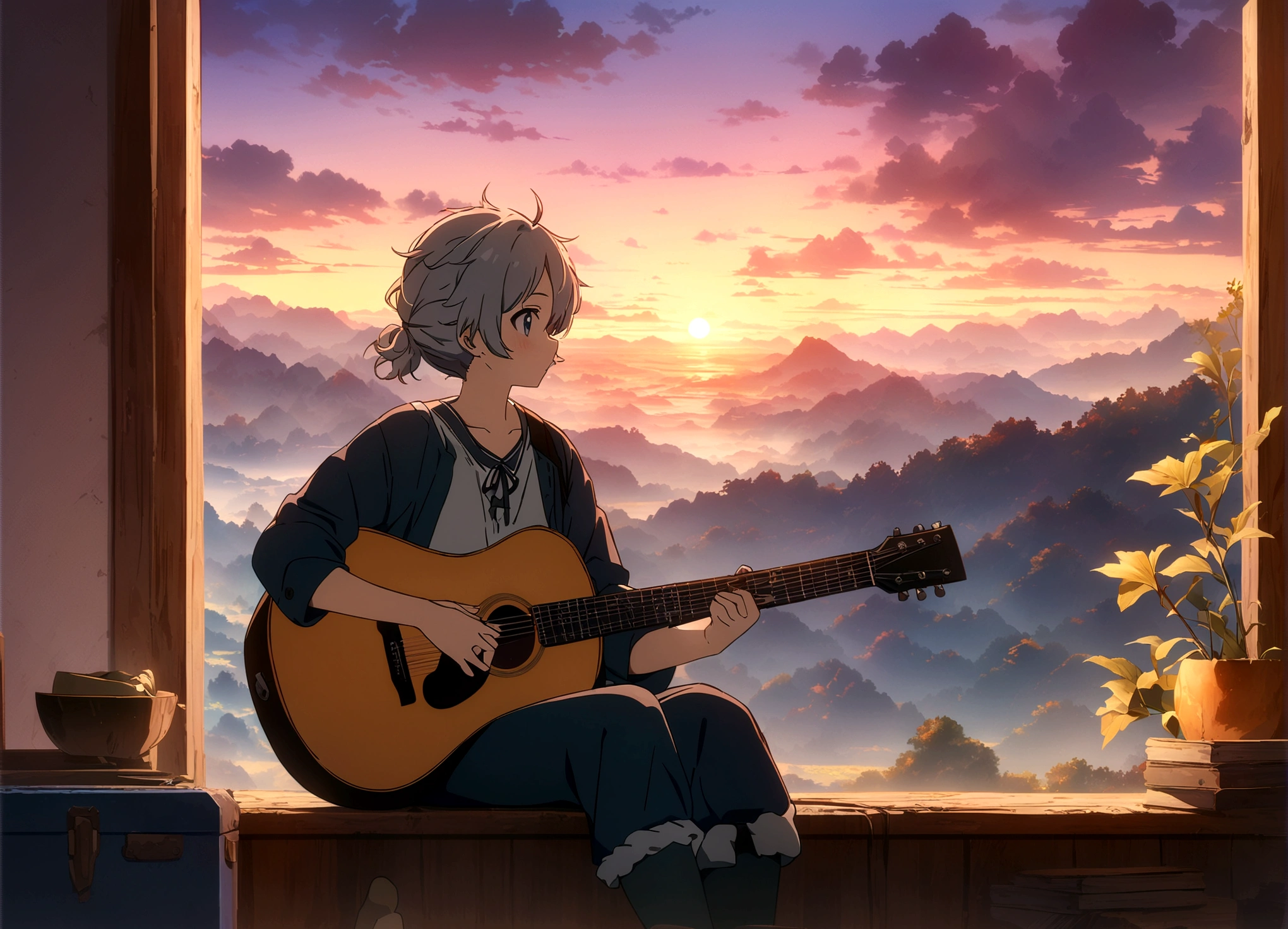 Anime boy sitting on the shelf and playing guitar at sunset, Anime Art Wallpapers 8K, anime art wallpaper 4k, anime art wallpaper 4k, Anime Style 4k, anime wallpaper 4k, anime wallpaper 4k, anime wallpaper 4k, Manga Wallpaper, 4K Wallpaper, Makoto Shinkai Cirilo Rolando, Girl playing guitar, LOFI Girl