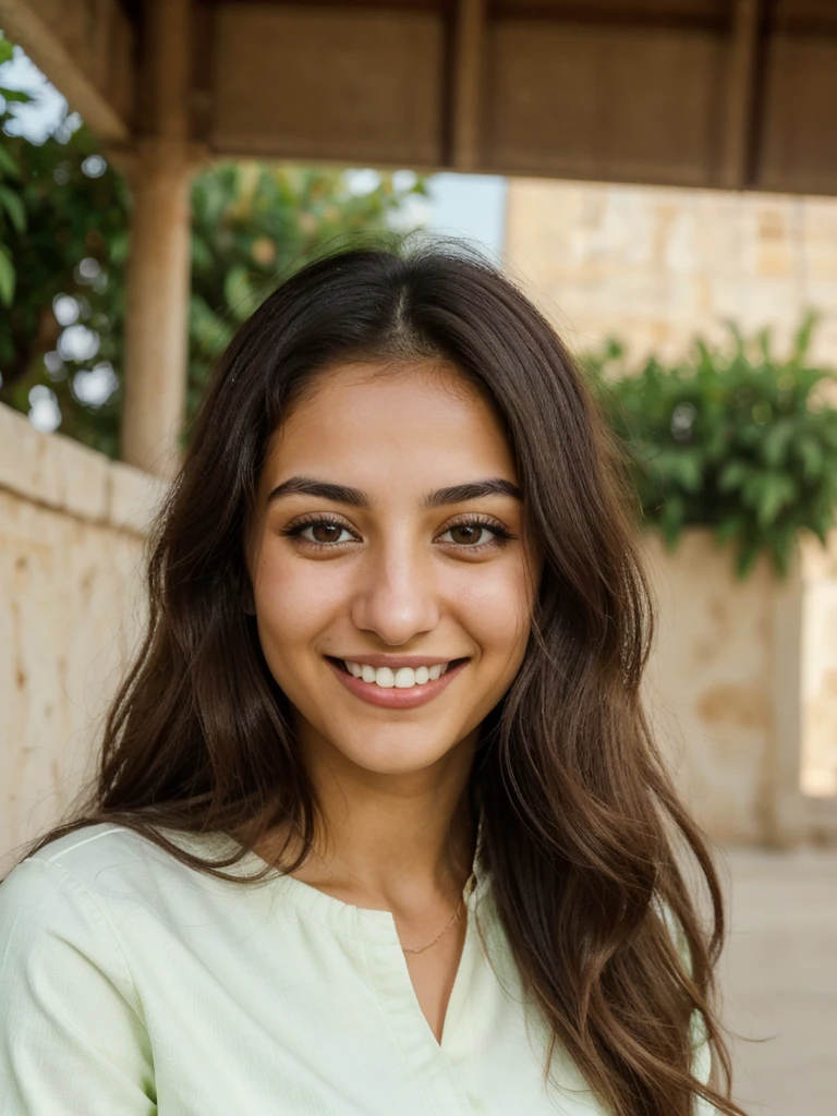 24YO, one Jordanian women, cute smile, white teethes, long light green shirt, light brown eyes, small nose, black/brown long hair