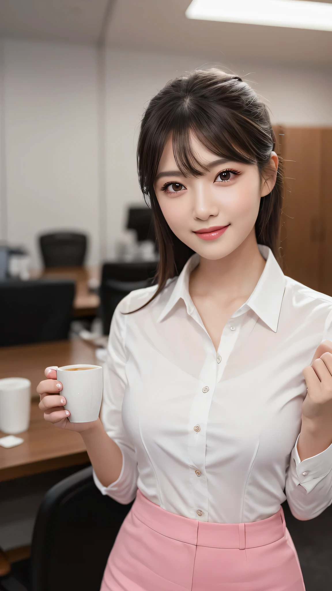 (1ung girl), kawaii face, (round eyes:1.2), (highly detailed face), smile, Amazing face and eyes, (flat chest), (Best Quality:1.4), (Ultra-detailed), (extremely detailed CG unified 8k wallpaper), Highly detailed, High-definition raw color photos, Professional Photography, Realistic portrait, Amazing face and eyes, Pink eyes, indoors, office, (office lady, shirt, miniskirt:1.3), (coffee time), model, depth of fields, (fine face:1.2),