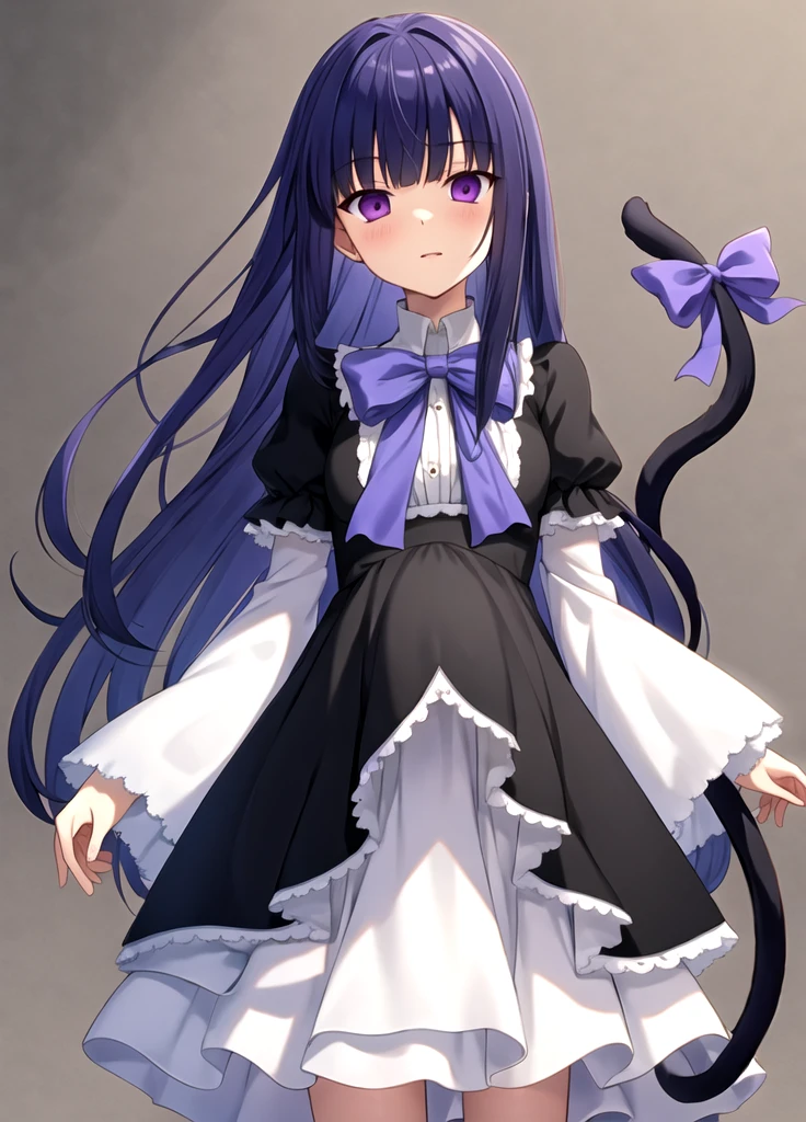 masterpiece, best quality, (rock background:1.3), grey sky, dark background,  facing us, outdoors, frederica bernkastel, hands behind your back, 1girl, tail, solo, purple eyes, dress, long hair, blue hair, bow, kneehighs, frills,  cat tail  ,(pregnant_belly)