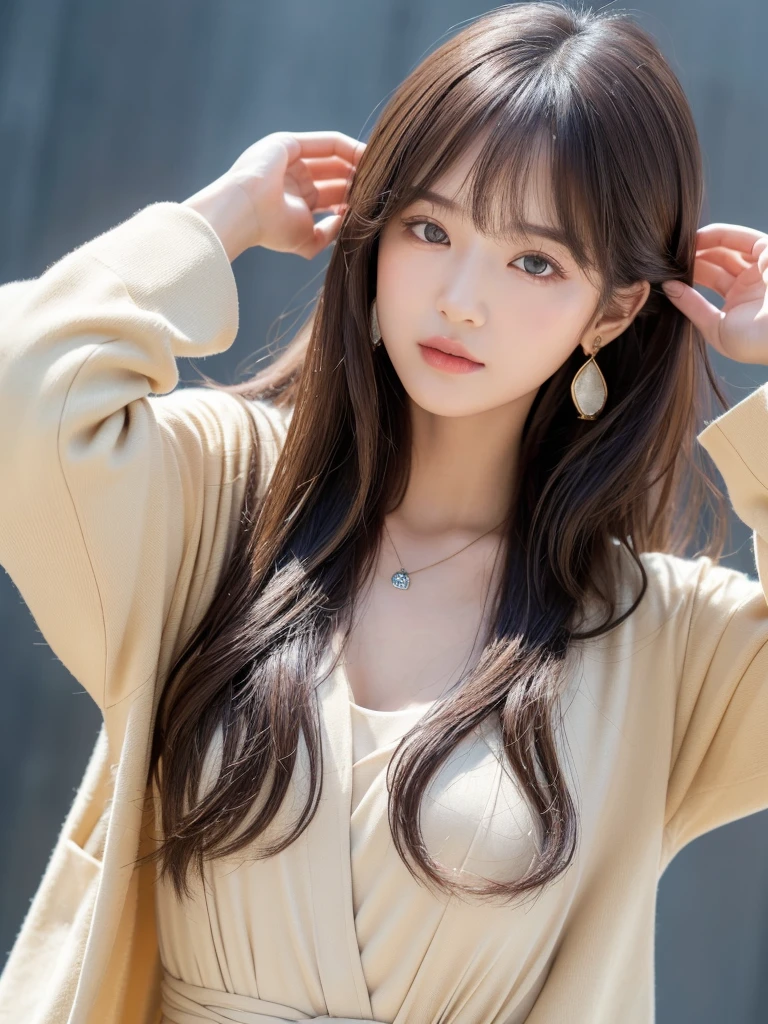 ((Highest quality, 8K, masterpiece:1.3)), concentrate: 1.2, Perfect body beauty: 1.4, Hips: 1.2, ((Long Hair, chest: 1.2)), (Dry clothes: 1.1) , (clear, Simple Background:1.3), Simple clothes: 1.1, Highly detailed face and skin texture,Delicate eyes, double eyelid, Whitened skin, Rough skin、Long Hair、Earrings with bangs、necklace、 solo、Beige coat、White shirt, (((Beautiful girl with cute Japan)))、 ((Beautiful Japanese girl 20 years old))、 ((Baby Face))、 (((Slender body)))、 Upper Body,Face focus、necklace,Simple Background,From above, Realistic Hair、 A photograph was taken:Canon EOS R6、135mm、1/1250 seconds、f2.8、ISO400、(Detailed explanation of the hand)、(Masseter muscle area)、(Exquisite CG)、Long Hair, loose and curly hair、Korean Hair、Long Hair明るいベージュ色、グラデーションハイライトグレージュのゆるふわLong Hairスタイル、