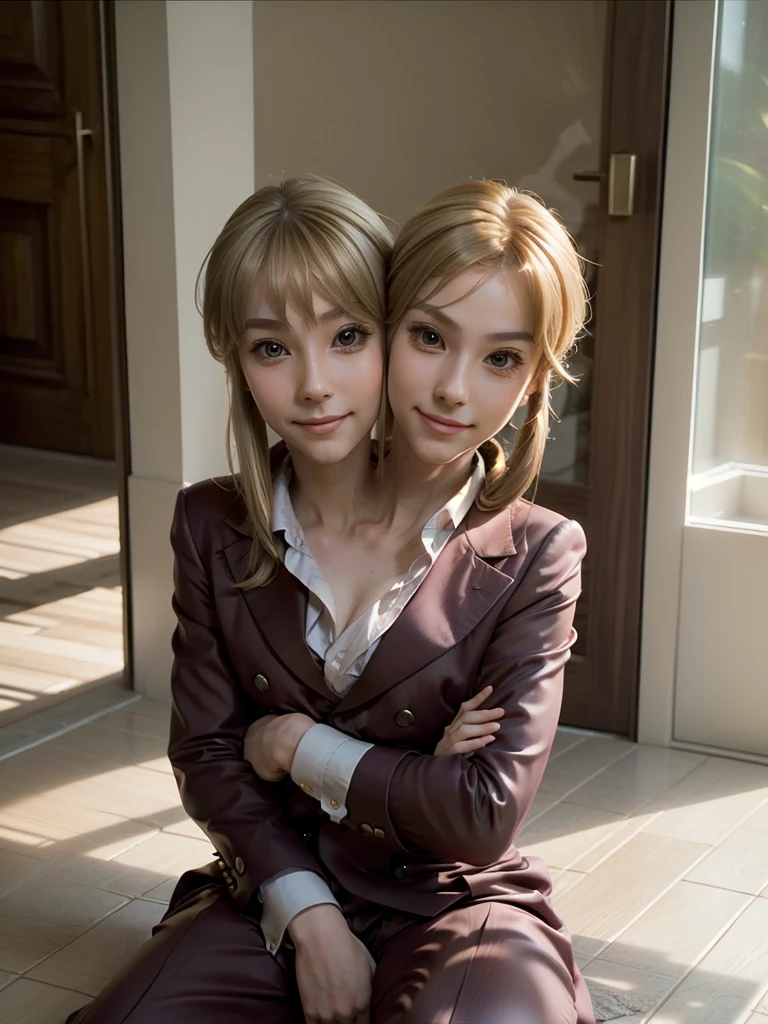  (2heads:1.6), (masterpiece, best quality:1.2), cowboy shot, solo, male focus, 1boy, (ushiromiya lion:1.1), androgynous, smile, closed mouth, looking at viewer, arms at side, ponytail, formal, suit, ascot, light blonde hair, sitting on floor