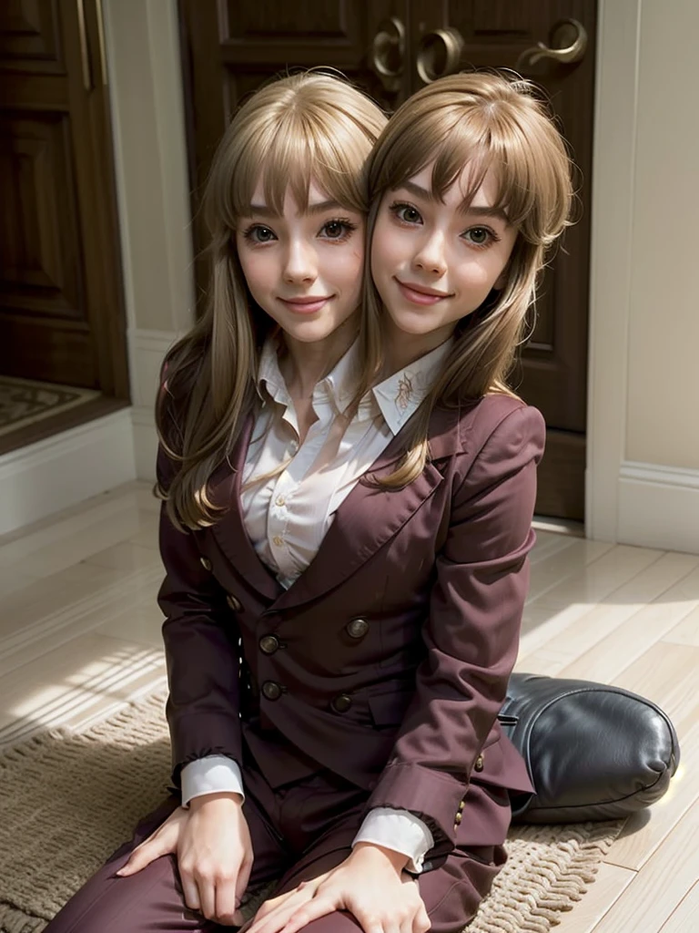 (2heads:1.6), (masterpiece, best quality:1.2), cowboy shot, solo, male focus, 1boy, (ushiromiya lion:1.1), androgynous, smile, closed mouth, looking at viewer, arms at side, ponytail, formal, suit, ascot, light blonde hair, sitting on floor
