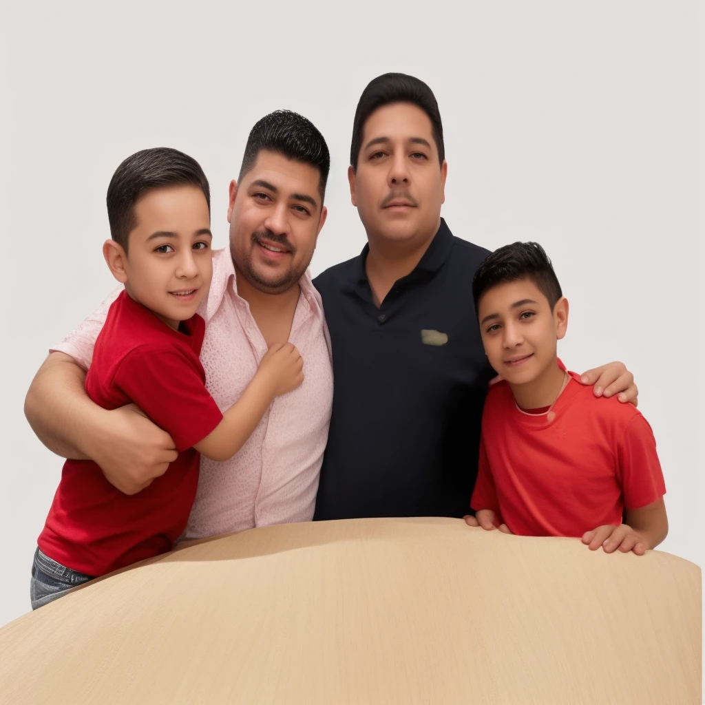 There are three men and a boy posing for a photo, eloy morales, luis nieves sr, carlos ortega elizalde, jose miguel roman frances, alex miranda, padre, by Ric Estrada, inspirado en rodolfo morales, retrato familiar, julio lacerda, giga chad capaybara, fondo solido, by Alejandro Obregón