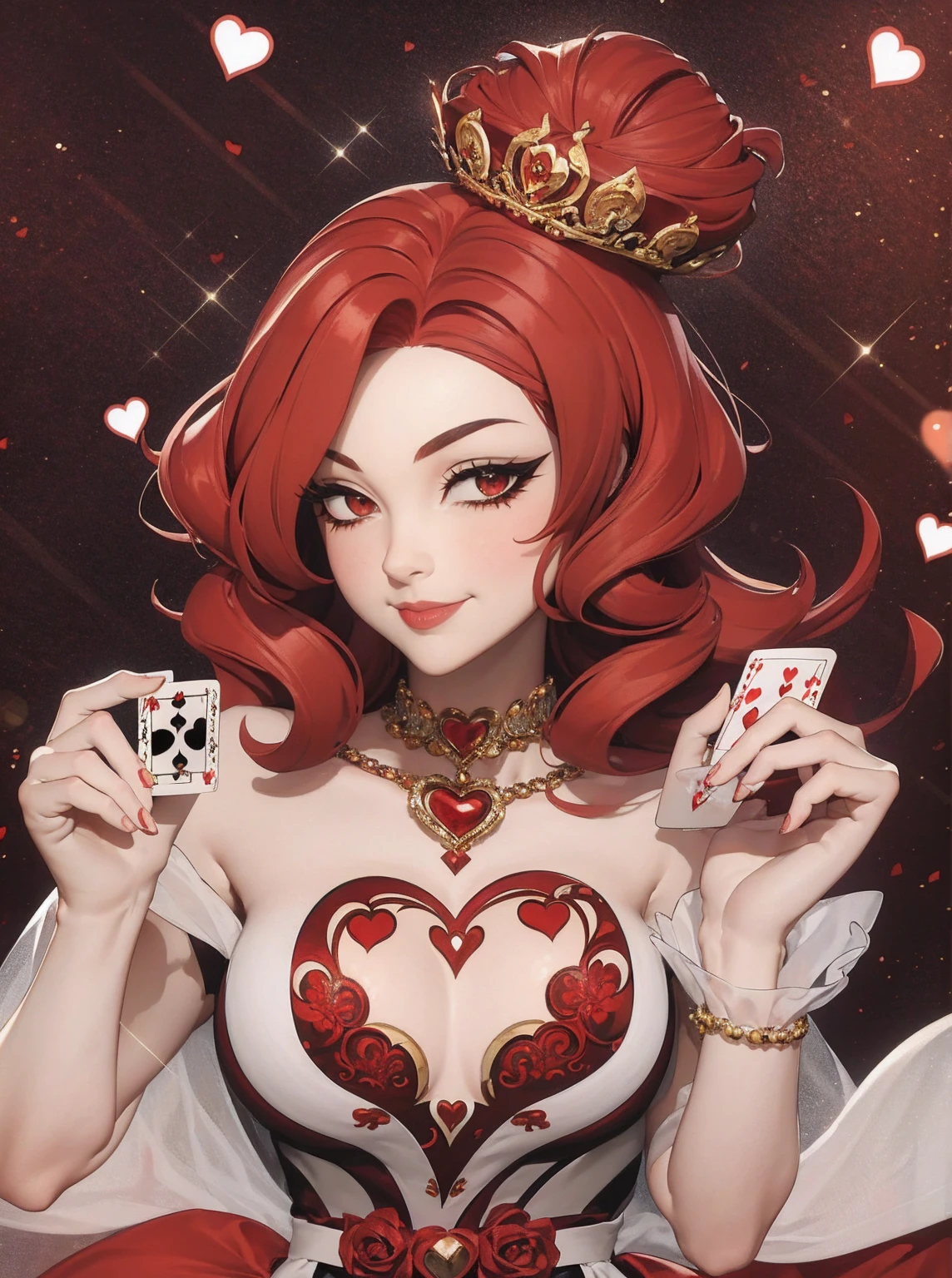 Em um luxuoso cassino, A stunning woman wears an exquisite dress adorned with heart symbols, embodying the royal presence of the Queen of Hearts. Surrounded by a backdrop of poker cards and chips, She exudes confidence and seduction, convidando os jogadores a testar sua sorte e habilidades no jogo de azar. short curly hair, cabelos vermelhos (red hair ) (queen of hearts), backwards, looking back, sorrindo, sorriso largo, upper body