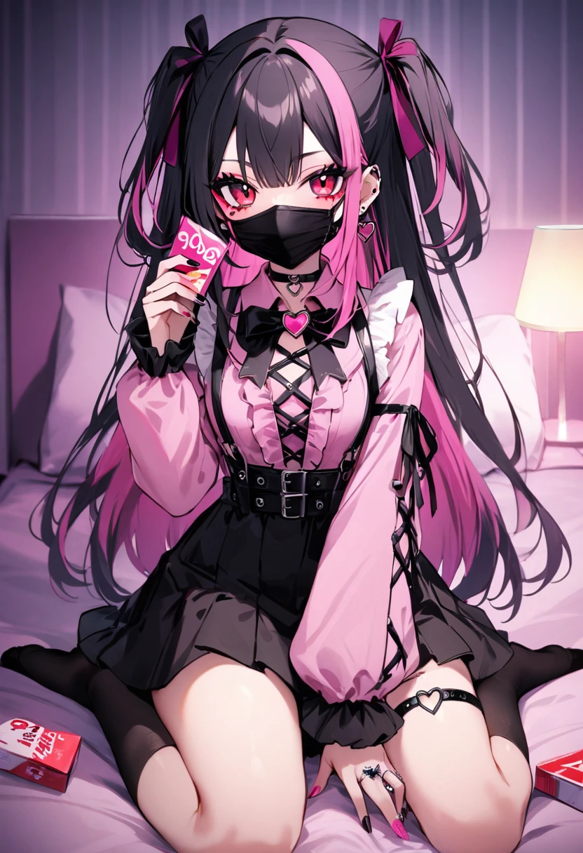score_9, score_8_up, score_7_up, masterpiece, best quality, ultra-detailed, looking at viewer, ((faint light:1.2)), sit, wariza, on bed, (hotel room, love hotel, pink wall, pink bed sheet), (condom box, okamoto condoms 0.01), holding condom, (pink smartphone), BREAK 1girl, solo, uppe body, (black hair, pink hair, two-tone hair, multicolored hair), long hair, two side up, black hair bow, red eyes, red eyeshadow under eye, pink cheek, jirai kei, yami_kawaii, (cross-laced clothes, pink shirt, long sleeves, frilled sleeves), frill, black bowtie, black skirt, black suspenders, black socks, heart brooch, heart earrings, ring, (multicolored nails, nail polish, pink nails, black nails), (mouth mask, black mouth mask), black belt, o-ring thigh strap, black choker, smirk