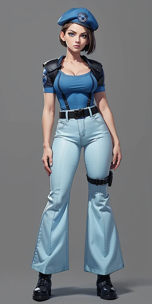 Jill Valentine, masterpiece, best quality, 1girl, solo, standing, jillre1, beret, uniform, shoulder pads, short sleeves, harness, belt, bell-bottom blue pants(Wide flares on pants:1.2), cleavage, black combat boots, full body, perfect blue eyes, perfect red mouth,