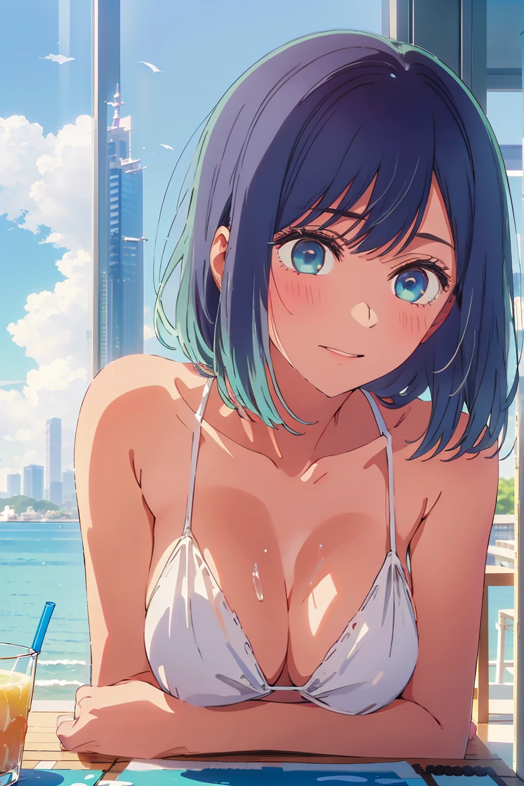 Highest quality,8k,detailed,F cup bust、Big Breasts、Very cute face、Slim and beautiful arms、Slim body、Very white beautiful skin、((((1 person、looking at the camera、smile、Thin white bikini、smile、sit、In the background are the skyscrapers of Tokyo city、Outdoor café terrace、Drink juice、Cheek resting on hand、coastal、table、Shooting from a distance))))、I can see the deep blue sky、She tilted her head slightly、The atmosphere is bright and lively、The woman is at the center of the image。