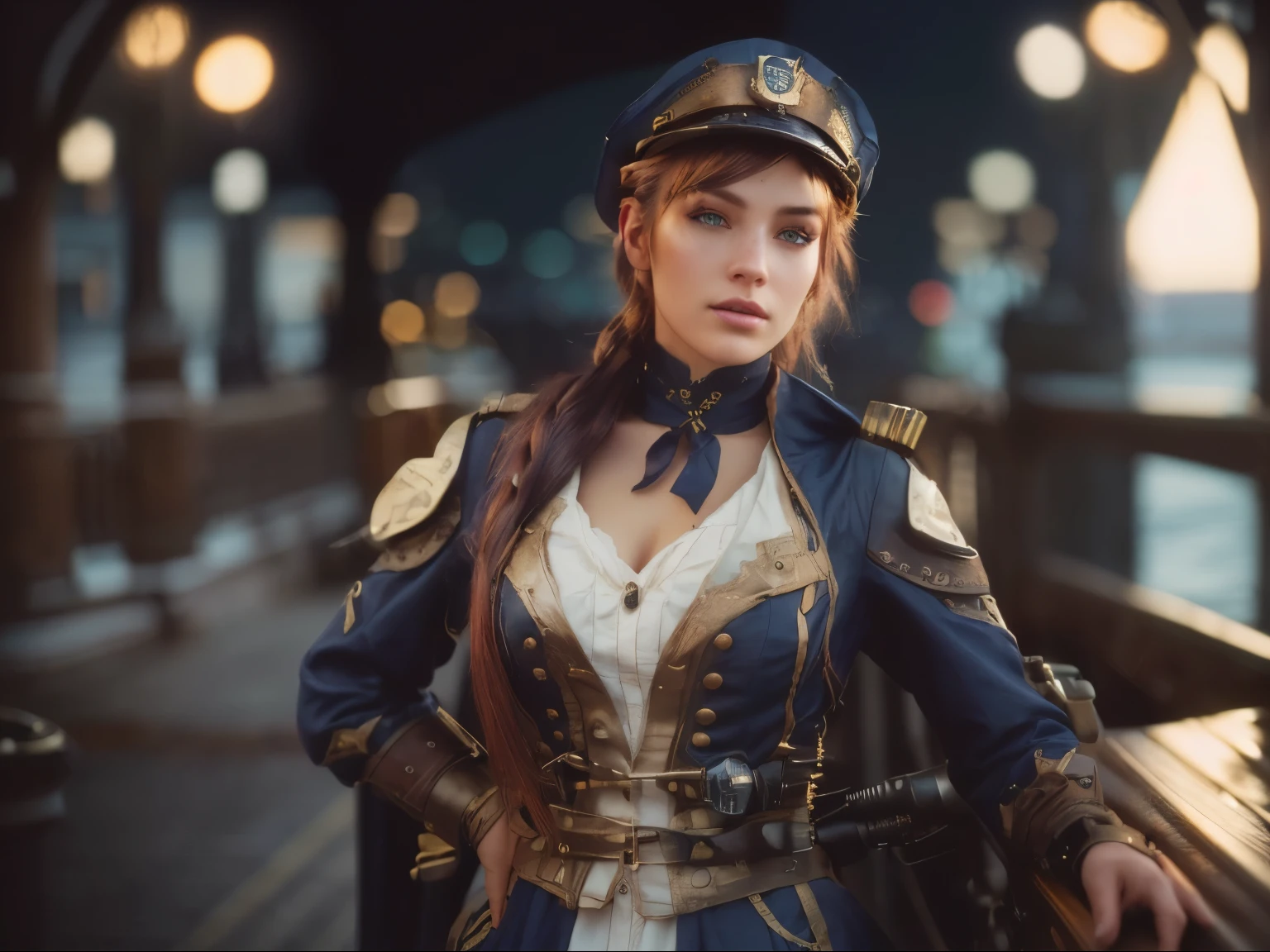 portrait photography, beautiful young steampunk Sail Ship driver woman with steampunk navy Sail Ship tunic dress, steampunk navy captain helmet, goggles, racing driver tools, soaked, eyes visible through hair, colored inner hair, proper eye position, natural skin, backlight, cinematic light, rim light, soft light , hips, in night time, city side background, detailed color graded background, intricate , highly detail, octane render