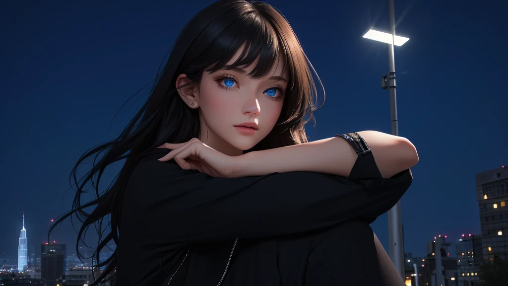 ultra-detailed, beautiful eyes, detailed eyes, detailed face, ultra-detailed, beautiful eyes, high angle shot, A woman with beautiful blue eyes, looking at us against the backdrop of a lonely night cityscape, dressed in black casual, Beautiful urban city, fantastic lights of buildings and buildings, loose-fitting clothes, Composition like a scene from a movie, master piece, best quality, high resolution, 16k