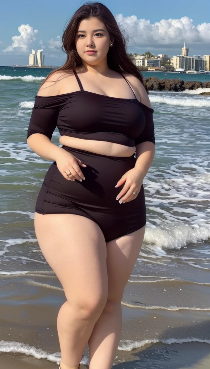 Beautiful beach, a girl is learning to be fat, she is standing on the beach, she is standing on the beach