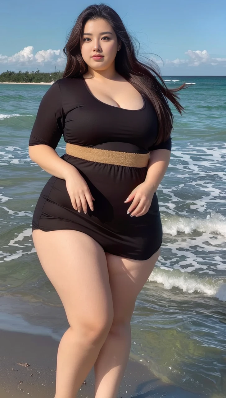 Beautiful beach, a girl is learning to be fat, she is standing on the beach, she is standing on the beach
