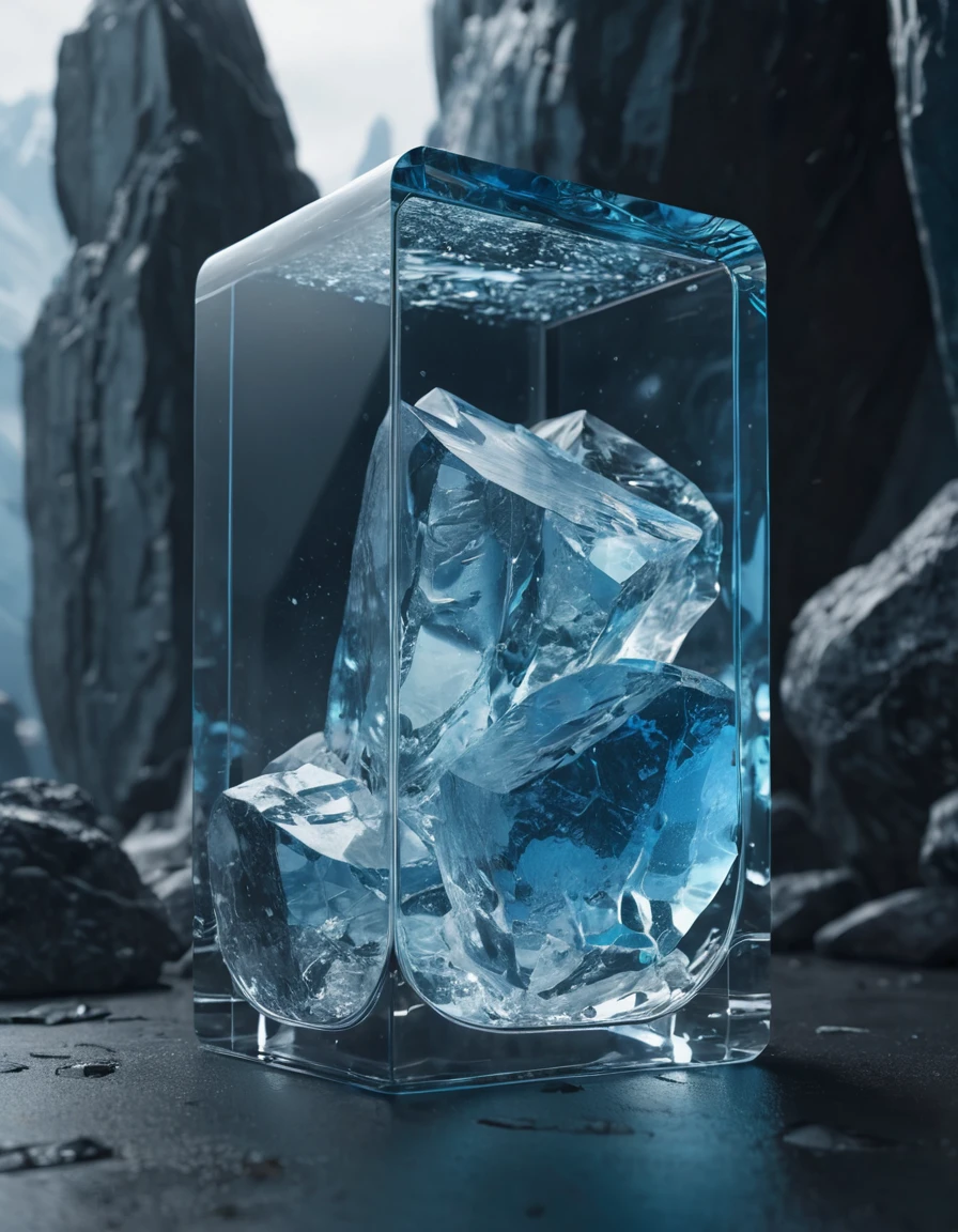 ultra realistic 8k cg, flawless, clean, masterpiece, professional artwork, famous artwork, cinematic lighting, cinematic Iceblocks, (((photo raw)), background), a large clear  glass futuristic  container with a messhall inside, blue  rock