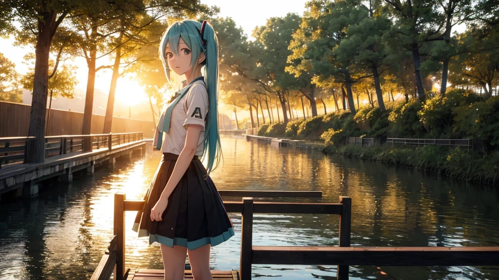 Hatsune Miku standing on a wooden bridge illuminated by the setting sun。She stared into the distance、I&#39;m reminiscing on fond memories。Surrounded by a quiet lake、Her hair is blowing in the wind。This scene is、It has a calm and emotive atmosphere that connects the past and the present.。