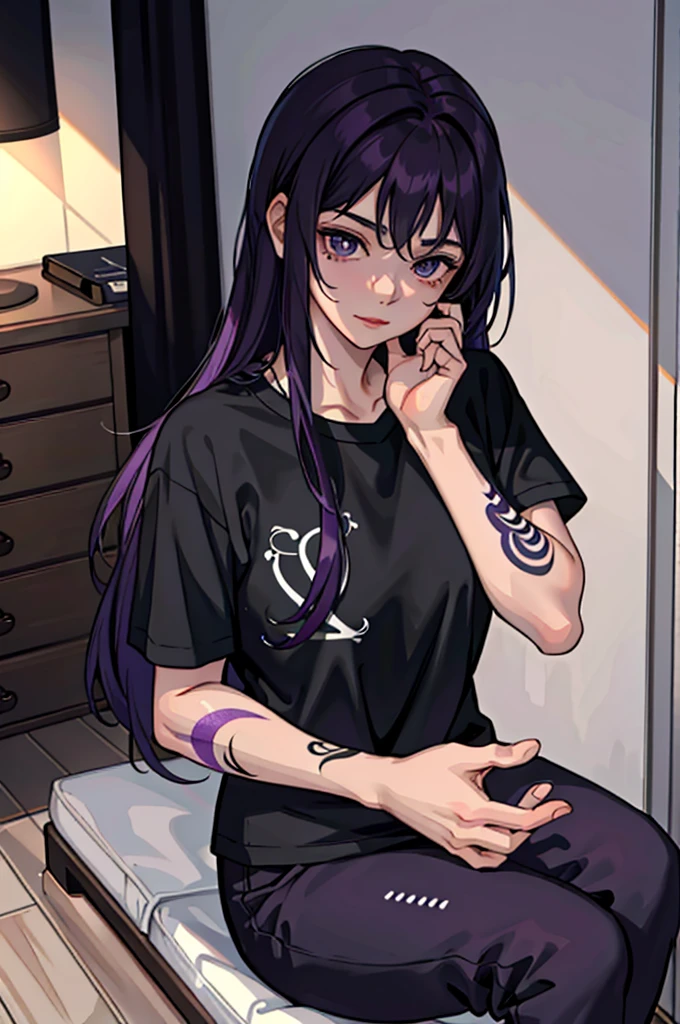 (masterpiece:1.2, best quality), (1girl, solo:1.2), crossed hands,straight pov, dark violet hair, black T-shirt, sport pants, (tattoos), room, crossed hands,straight pov
