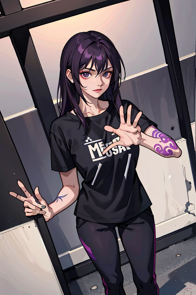 (masterpiece:1.2, best quality), (1girl, solo:1.2), crossed hands,straight pov, dark violet hair, black T-shirt, sport pants, (tattoos), room, crossed hands,straight pov
