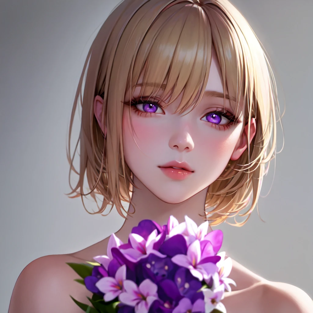 1boy holding a bouquet of pink and white flowers, beautiful and delicate face, ((violet eyes)), ((blonde hair)), background all white, soft light, (natural skin texture:1.2), (hyperrealism:1.2), sharp focus, focused,[[realistic]]