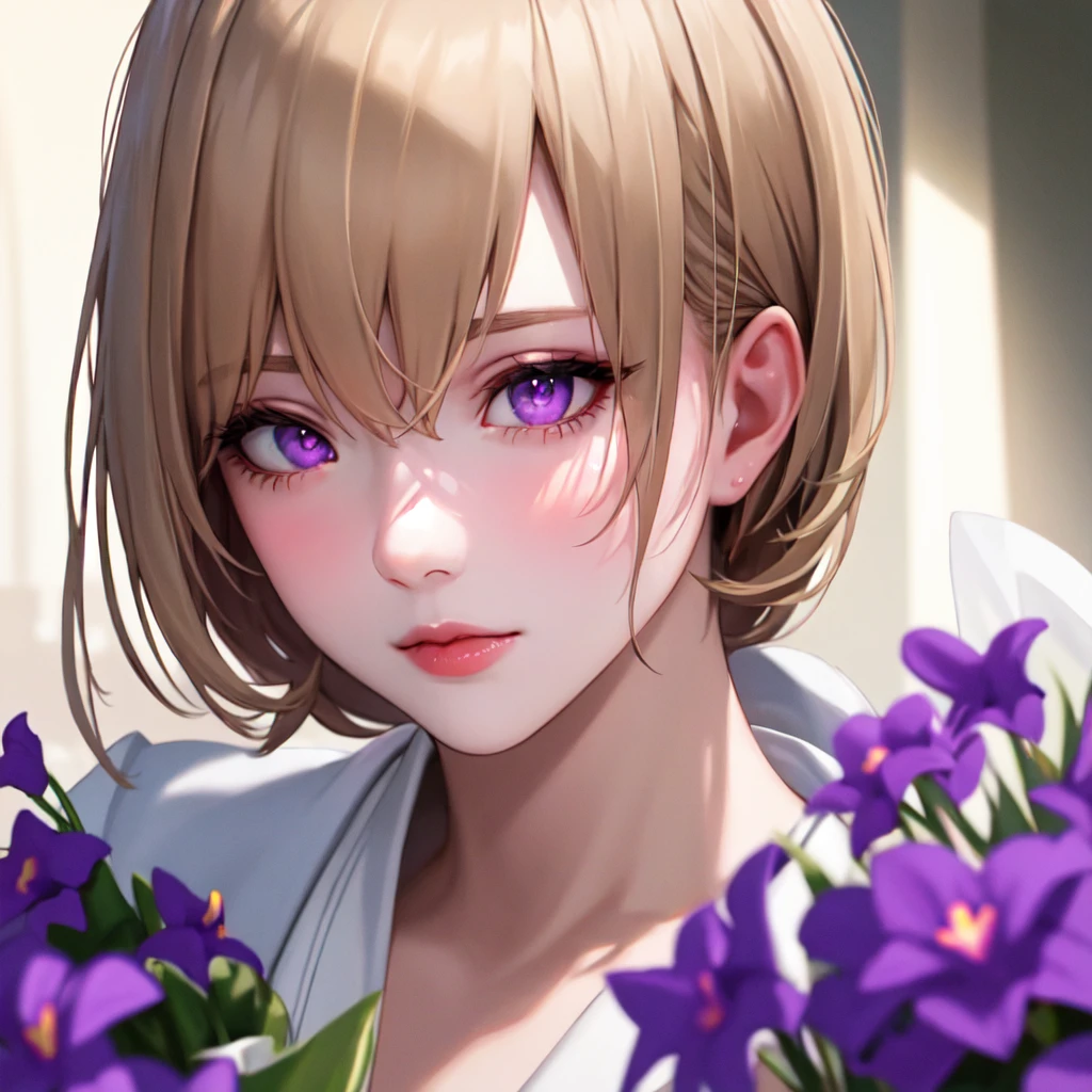 1boy holding a bouquet of pink and white flowers, beautiful and delicate face, ((violet eyes)), ((blonde hair)), background all white, soft light, (natural skin texture:1.2), (hyperrealism:1.2), sharp focus, focused,[[realistic]]