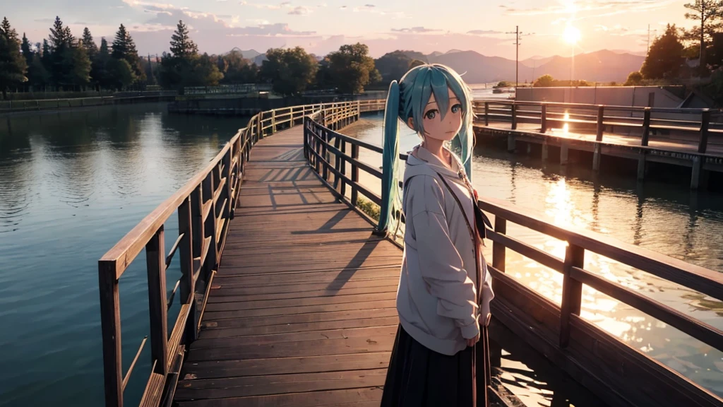Hatsune Miku standing on a wooden bridge illuminated by the setting sun。She stared into the distance、I'm reminiscing on fond memories。Surrounded by a quiet lake、Her hair is blowing in the wind。This scene is、It has a calm and emotive atmosphere that connects the past and the present.。