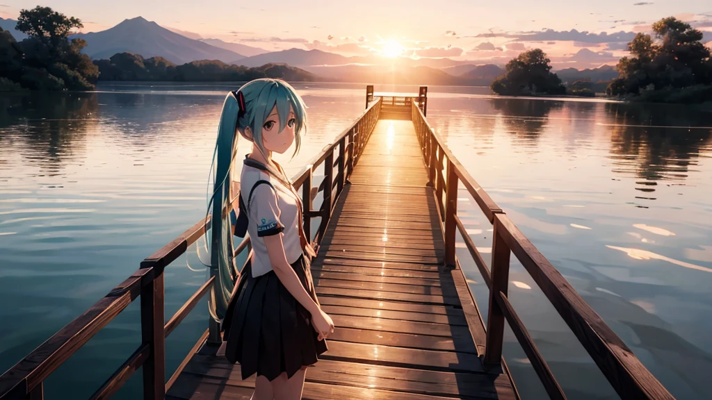 Hatsune Miku standing on a wooden bridge illuminated by the setting sun。She stared into the distance、I'm reminiscing on fond memories。Surrounded by a quiet lake、Her hair is blowing in the wind。This scene is、It has a calm and emotive atmosphere that connects the past and the present.。