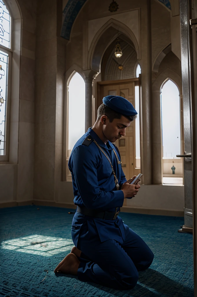 draw me a picture of a man praying in a mosque facing the light, wearing a blue uniform, he is a sailor.