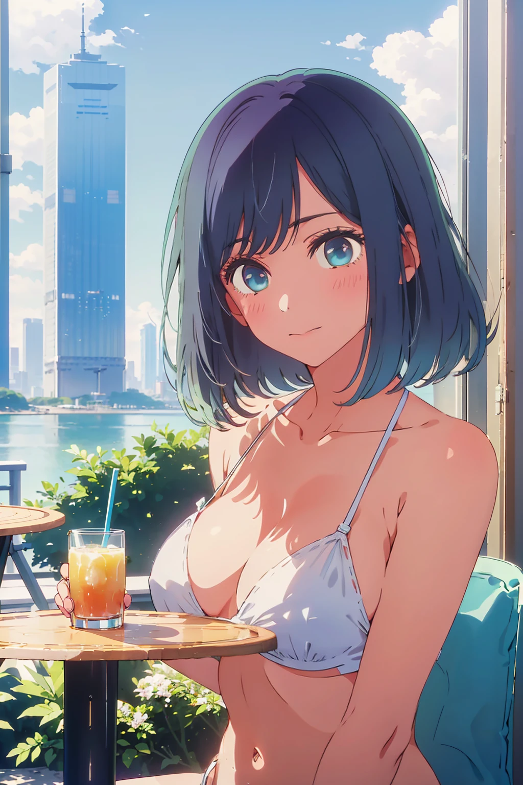 Highest quality,8k,detailed,F cup bust、Big Breasts、Very cute face、Slim and beautiful arms、Slim body、Very white beautiful skin、((((1 person、looking at the camera、smile、Thin white bikini、smile、sit、In the background are the skyscrapers of Tokyo city、Outdoor café terrace、Drink juice、Cheek resting on hand、coastal、table、Shooting from a distance))))、I can see the deep blue sky、She tilted her head slightly、The atmosphere is bright and lively、The woman is at the center of the image。