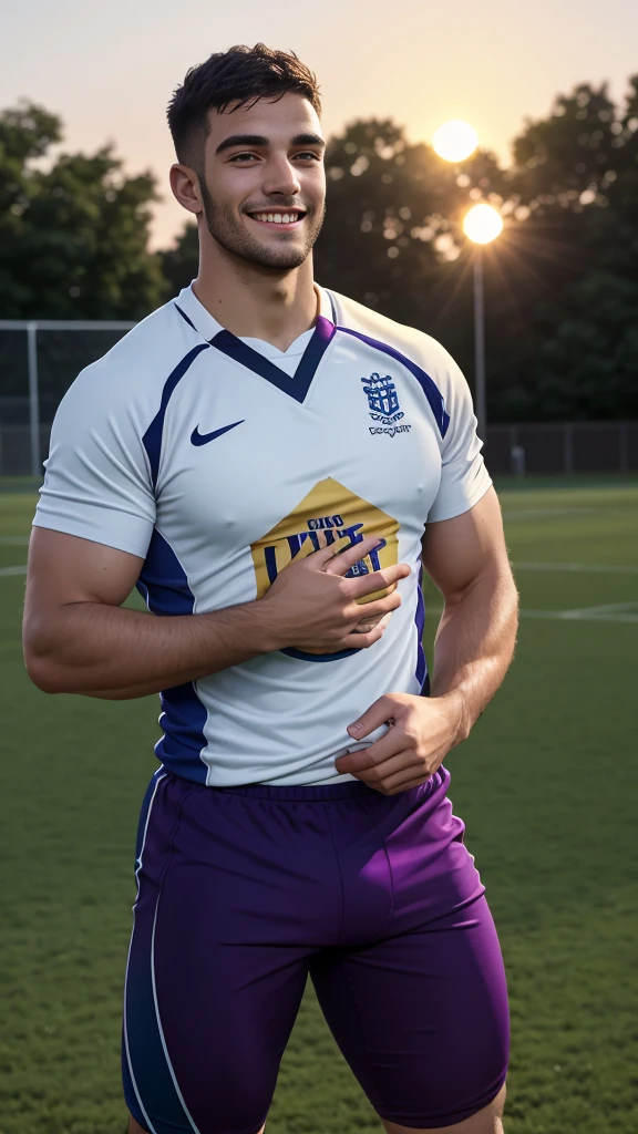 NickEh30 youtuber as rugby player ,Full body, sport tight pants,Nike rugby esportive purple uniform, Black short hair fade , captivating nice openned smile, shaved face, VPL, very happy, sun light, NickEh30 wearing team rugby uniform, muscular chest, long hairy legs, left neck look, wide shoulders, anthem hand on chest, field rugby bokeh background, colorful golden-hour vivid colors.