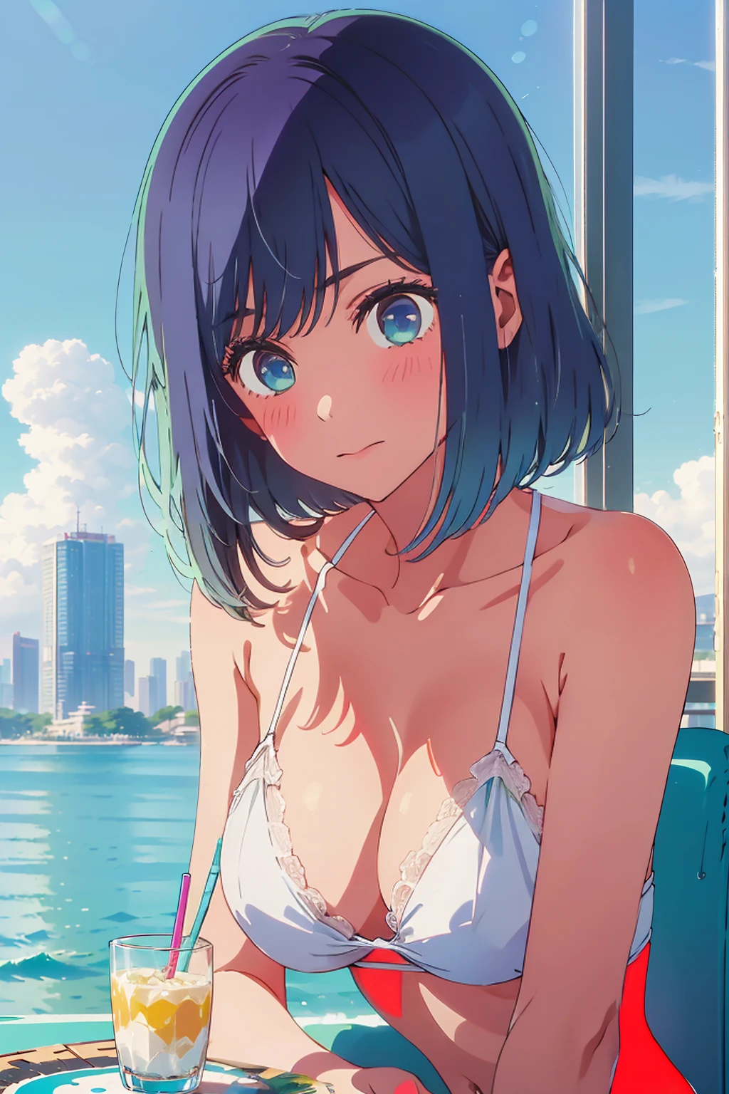 Highest quality,8k,detailed,F cup bust、Big Breasts、Very cute face、Slim and beautiful arms、Slim body、Very white beautiful skin、((((1 person、looking at the camera、smile、Thin white bikini、smile、sit、In the background are the skyscrapers of Tokyo city、Outdoor café terrace、Drink juice、Cheek resting on hand、coastal、table、Shooting from a distance))))、I can see the deep blue sky、She tilted her head slightly、The atmosphere is bright and lively、The woman is at the center of the image。