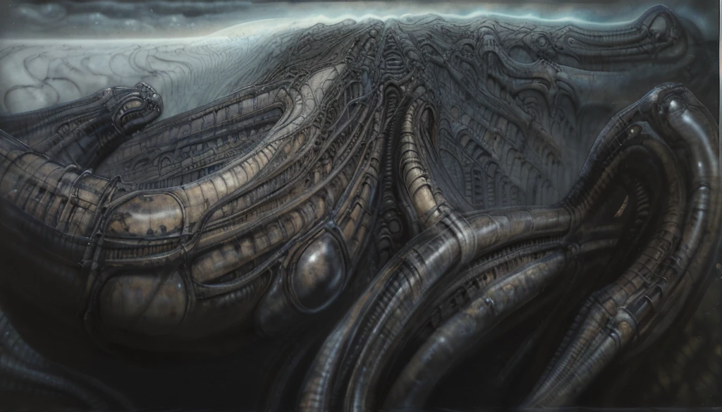 Create biomechanical tableau with some of the artistic techniques and compositional features used in /&quot;Necron IV/” by h r (Hans Rudie) giger:
 The image depicts a complex, sprawling city made of dark ivory, metal and wires. The city is densely packed with loops and twists, resembling a massive, intricate machine.
The painting is composed around a central focus of bone-like celestial formations and tectonic weathering structures with a phallic spine. This central form is the most detailed and brightly lit part of the painting, and it draws the viewer's eye in.The central focus is emphasized by the use of light and shadow. The light source is coming from the top left of the painting, and it casts a bright spotlight on the scene.
Biomorphic forms: The biomechanical forms in the painting are inspired by biological organisms, but they are also machine-like. These forms create a sense of unease and discomfort, as they blur the line between the natural and the artificial
. The image is highly detailed and intricate, uses, with transparent organs and bones exposed). The piece has a thick mechano-organic texture and is covered in fine details. The image has a swirling, organic quality to it. The artistic manner would be unmistakably Gigeresque. A dark and unsettling beauty would permeate the piece, blurring the lines between fascination and repulsion , forever haunted by the grotesque allure. Giger's signature artistic manner would be evident in every stroke. The airbrush would be wielded with masterful precision to create a hyperrealistic yet nightmarish aesthetic.,hrgiger,H.G. Giger Style, Biomechanics,HRGigerArhP style