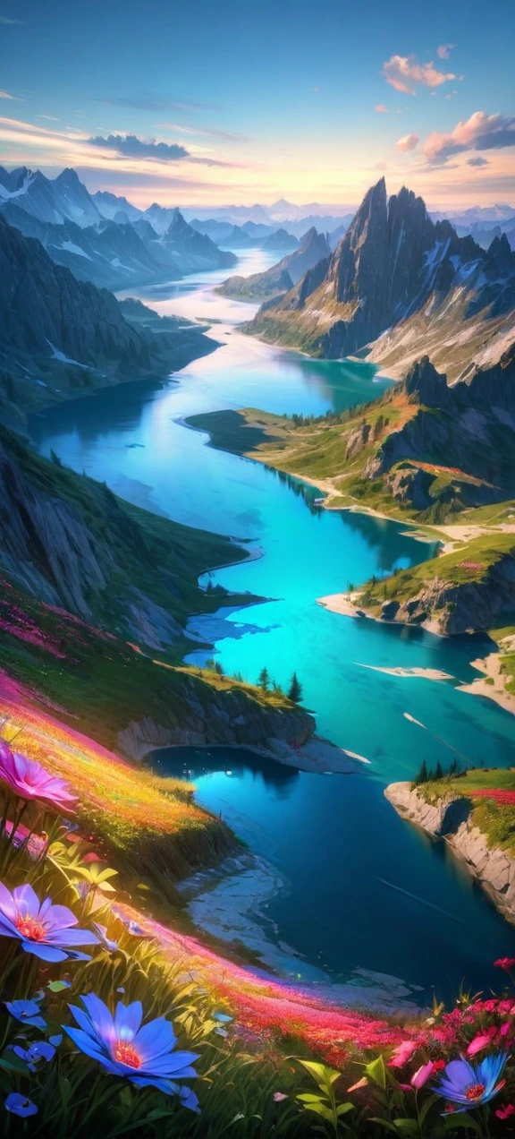 High quality, ultra realistic,absurdres, highres, ultra detailed, HDR, masterpiece, extremely detailed , beautiful colorful flowers , light blue lake , glowing , beautiful landscape 