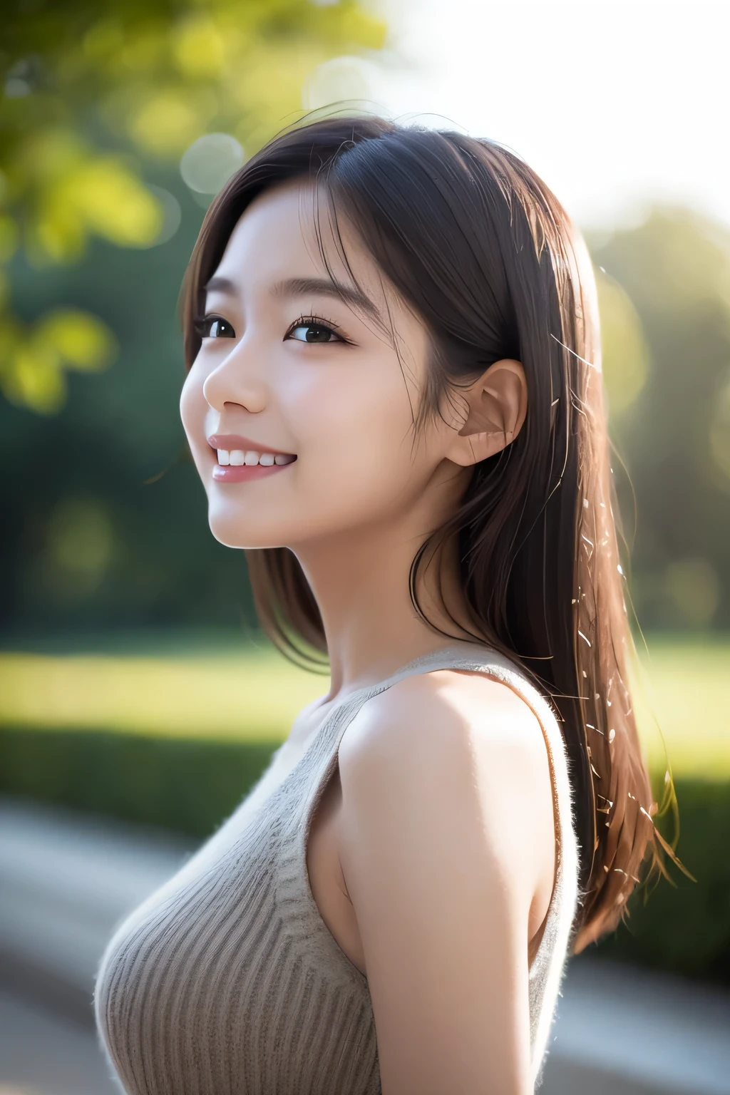masterpiece, upper body shot profile, 12-year-old 1loli、independent、Look forward、Light eye makeup、Brown Hair Color、flat 、Hair blowing in the wind、Quality of actress、Shiny, Ultra-realistic faces、smile、Watery eyes、look up、Soothing lighting effects、 Ultra-Realistic Capture、Very detailed、High resolution 16k human skin closeup, Skin texture must be natural、Must be so detailed that pores are visible、skin is healthy、Must be of knitwear tone、Use natural light and color、High quality photos taken by modeling agencies, Exclusive photographer、smile, loose and light weight knitwear, shoulder out, no bra, sleeveless, showing small sideboob of the tiny breasts, pretty infant:1.3