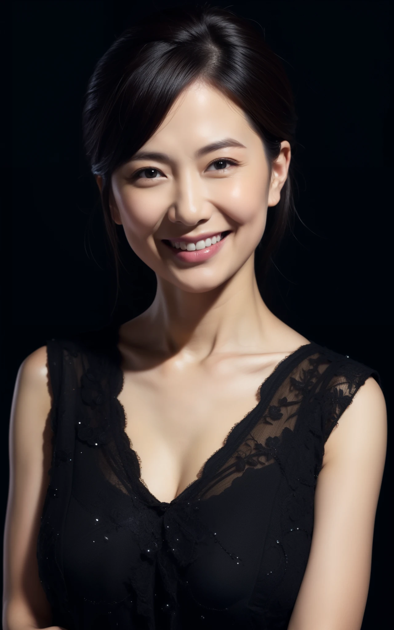 masterpiece,best quality, (milf:1), ((portrait:1.2)), cross arms, smile:0.1, (a bit joy:0.5), black background,