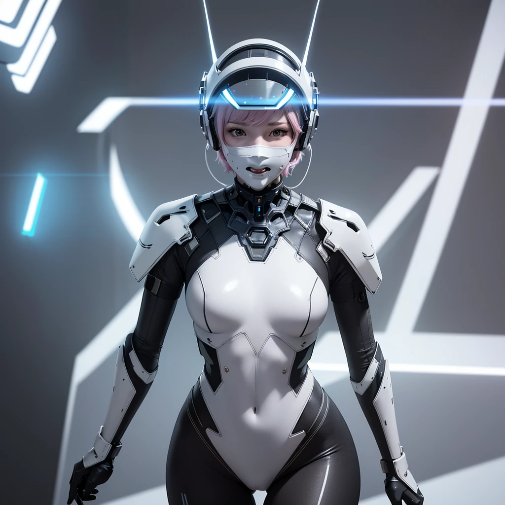 ((of the highest quality)), ((master piece)), (detail:1.4), Translucent white material with mechanical parts and transparent skin, Beautiful woman in cyber bodysuit made of gray carbon material, Glowing pale with LEDs, (Wide open chest), Ticker (High dynamic range), Ray tracing, NVIDIA RTX, Super Resolution, Subsurface Scattering PBR Texturing, Post-processing, Anisotropy Filtering, depth of fields, Surface Shading, Accurate simulation of light/Material Interactions, perfectly proportions, Two-tone lighting, Wide aperture, Low ISO, White Balance, 8K, (((cyber mouth masker))), 25 year old woman, Cyber headgear with dull glowing LEDs, knee high, Dull bangs beautiful short hair, ((Cyber hood with dull glowing LEDs)), beautiful short pink hair, Skin of the hips and thighs, Beautiful body, Chest to feel gravity, (Medium breasts: 1.0), Simple and minimalistic space, upright pose, Looking down, steel mouth masker, close up, (((cyber helmet))), stand up straight