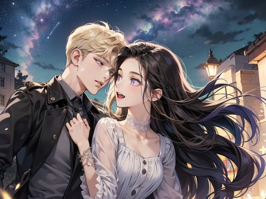 Happy couple, 1 girl 1 boy, different hair color, long black hair and purple eyes, short blonde hair and green eyes, face to face, romantic, outdoors, under the starry sky, night, playing, open mouth, talking , 25 years