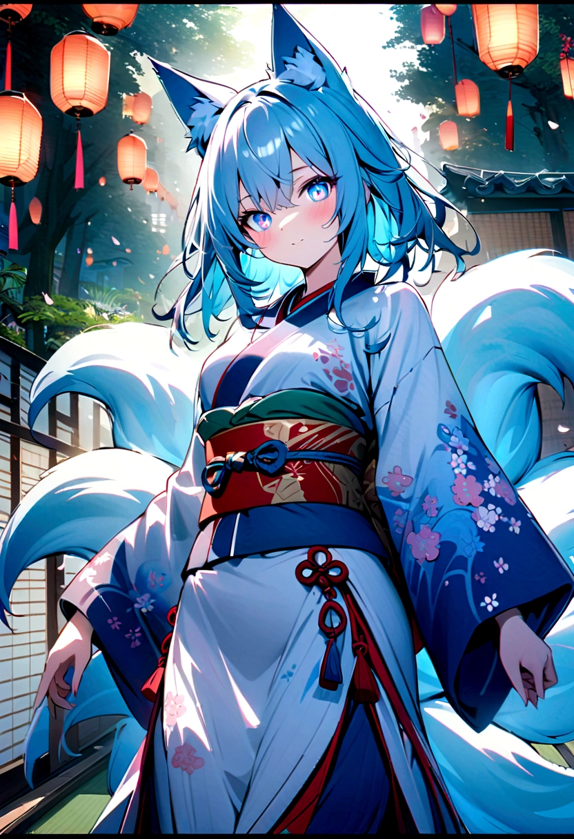 fox Light blue hair beast girl indigo fur fox beast girl Wallpaper 4k,8k,highly detailled,,vivid colors,detailed kitsune with 9 tails,traditional Japanese artwork,tatami floor,beautiful cherry blossoms,floating lanterns,dark silhouette of a pagoda,subtle moonlight,dense forest,ethereal atmosphere,dappled sunlight,whimsical spirit,serene expression,elaborate kimono and obi,delicate hand-painted details,luminous eyes
