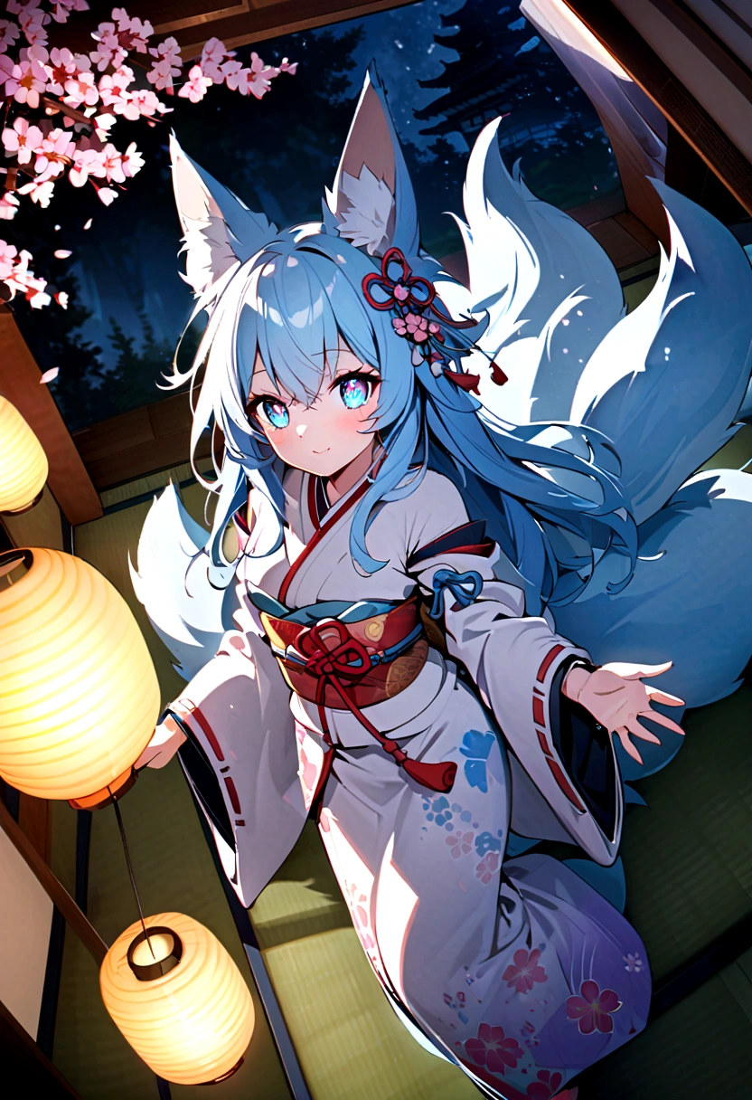 fox Light blue hair beast girl indigo fur fox beast girl Wallpaper 4k,8k,highly detailled,,vivid colors,detailed kitsune with 9 tails,traditional Japanese artwork,tatami floor,beautiful cherry blossoms,floating lanterns,dark silhouette of a pagoda,subtle moonlight,dense forest,ethereal atmosphere,dappled sunlight,whimsical spirit,serene expression,elaborate kimono and obi,delicate hand-painted details,luminous eyes