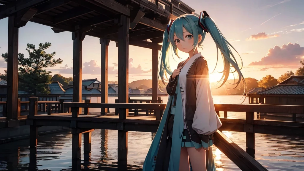 Hatsune Miku standing on a wooden bridge illuminated by the setting sun。She stared into the distance、I'm reminiscing on fond memories。Surrounded by a quiet lake、Her hair is blowing in the wind。This scene is、It has a calm and emotive atmosphere that connects the past and the present.。