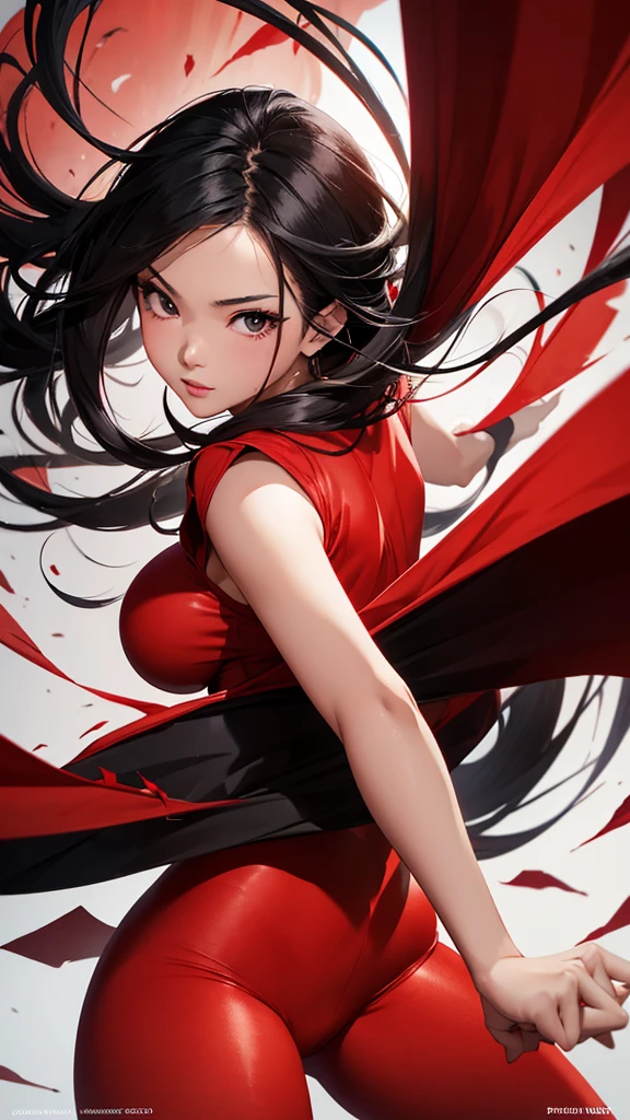 close portrait action image, brush drawing image, beautiful busty Thai female , aged 20, dynamic pose with red lingery, red pantyhose, long straight black hair, red smoke explode, white background, 8k resolution