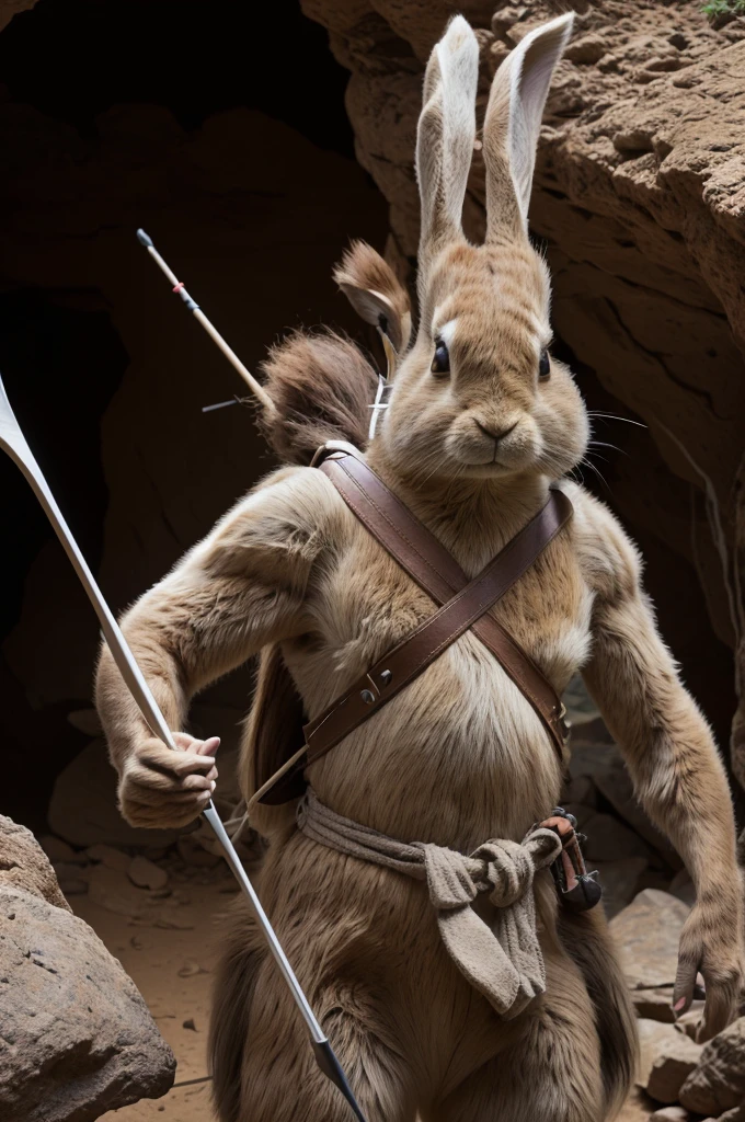 an anthropomorphic dark brown rabbit dressed like a caveman carrying a bow and arrow standing in front of a cave entrance, masterpiece, best, photo realistic