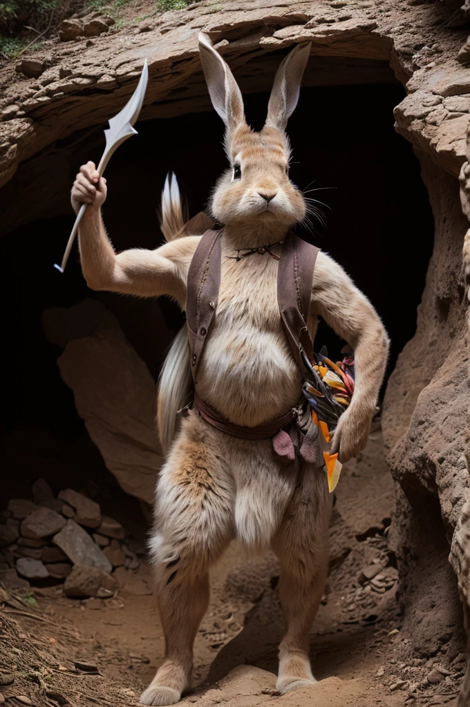 an anthropomorphic dark brown rabbit dressed like a caveman carrying a bow and arrow standing in front of a cave entrance, masterpiece, best, photo realistic