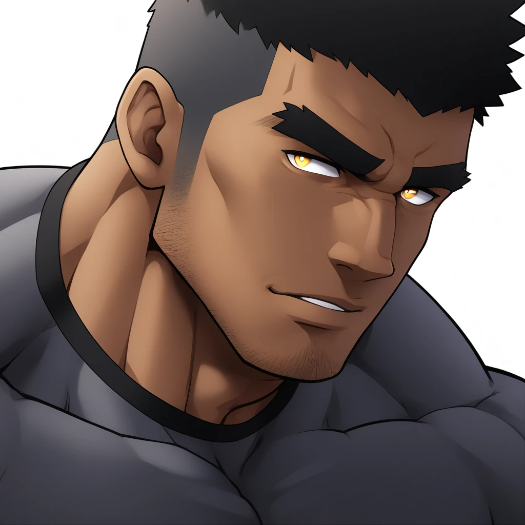 one negro, anime characters:Gyee, Muscle Sports Student, negro black skin, Very Black, 1 muscular tough guy, Manliness, male focus, Dark grey ong sleeve tights, Regular symmetrical pattern, Very tight, The pectoral muscles are oversized, muscular male, muscular, only, Upper body, alone, Black short hair, Thick eyebrows, stubble, Yellow eyes, White background, simple background, amazing quality, best aesthetics, Ridiculous, bright pupils, crew cut, parted lips, seductive smile, torogao, naughty face, best quality