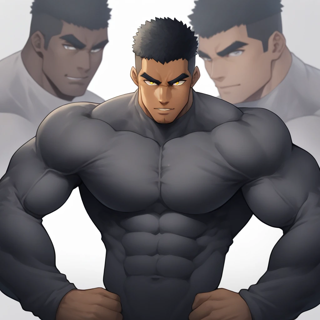 one negro, anime characters:Gyee, Muscle Sports Student, negro black skin, Very Black, 1 muscular tough guy, Manliness, male focus, Dark grey ong sleeve tights, Regular symmetrical pattern, Very tight, The pectoral muscles are oversized, muscular male, muscular, only, Upper body, alone, Black short hair, Thick eyebrows, stubble, Yellow eyes, White background, simple background, amazing quality, best aesthetics, Ridiculous, bright pupils, crew cut, parted lips, seductive smile, torogao, naughty face, best quality