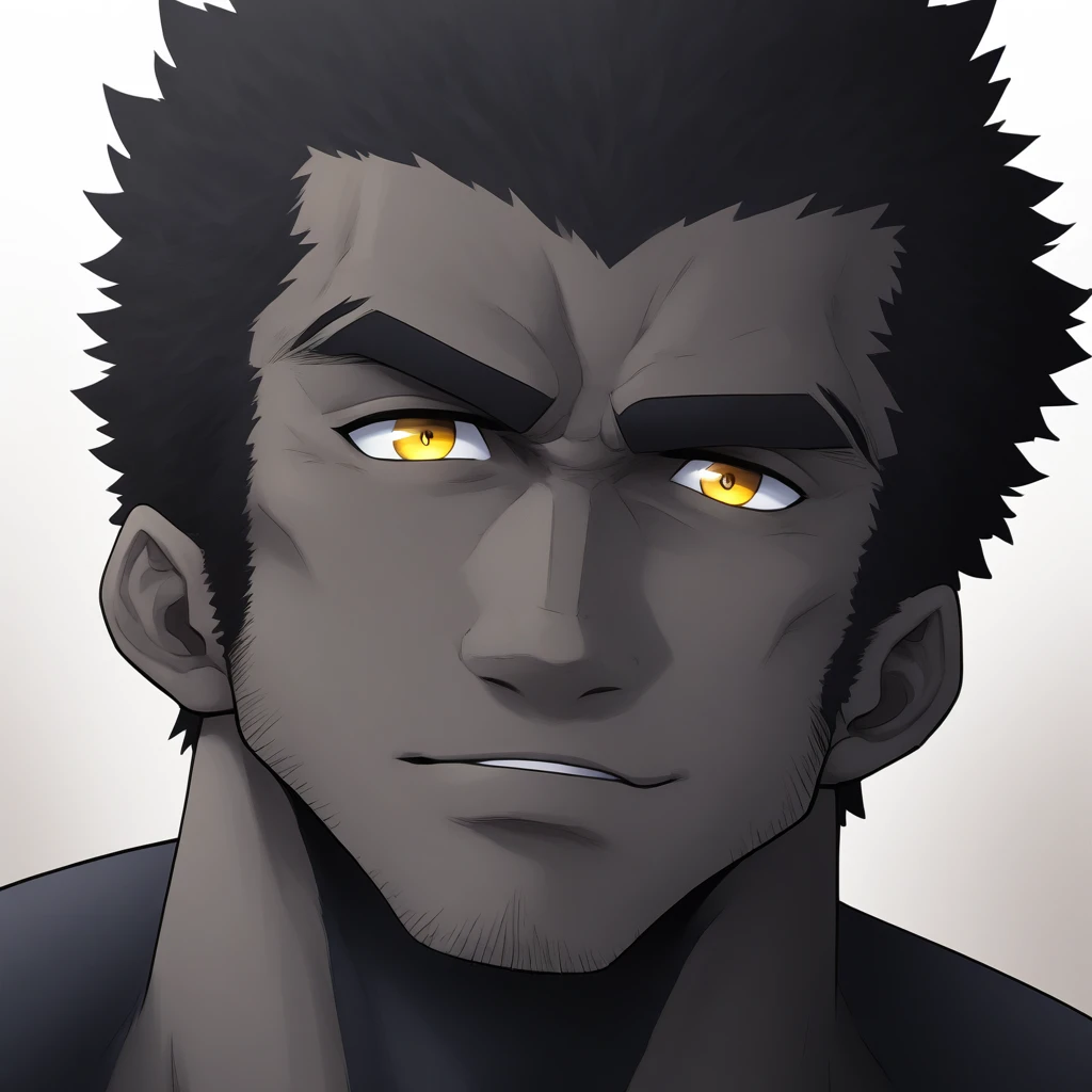 one negro, anime characters:Gyee, Muscle Sports Student, negro black skin, Very Black, 1 muscular tough guy, Manliness, male focus, Dark grey ong sleeve tights, Regular symmetrical pattern, Very tight, The pectoral muscles are oversized, muscular male, muscular, only, Upper body, alone, Black short hair, Thick eyebrows, stubble, Yellow eyes, White background, simple background, amazing quality, best aesthetics, Ridiculous, bright pupils, crew cut, parted lips, seductive smile, torogao, naughty face, best quality